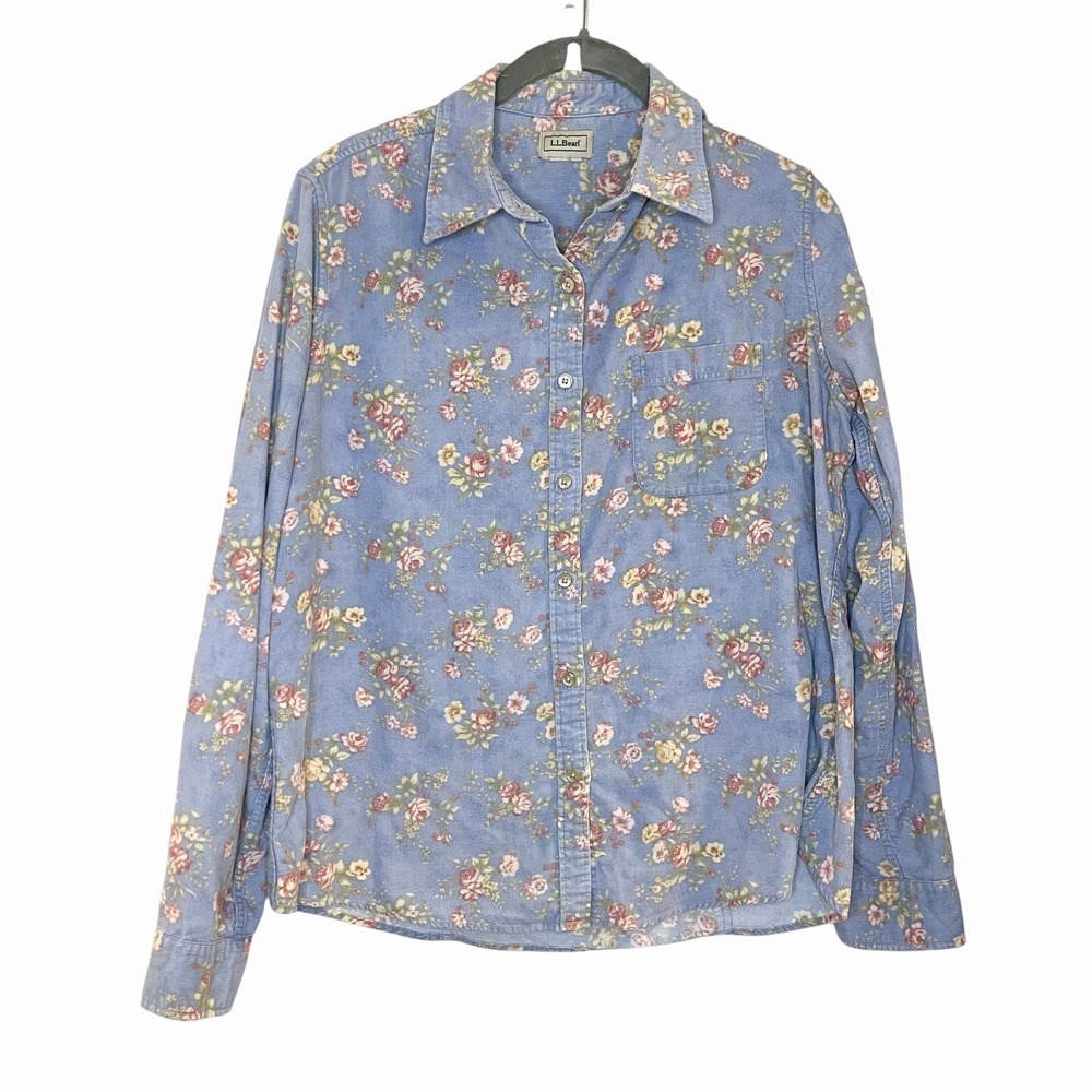 L.L.Bean Corduroy Shirt S Blue Floral Button Down Long Sleeve Country Cottage